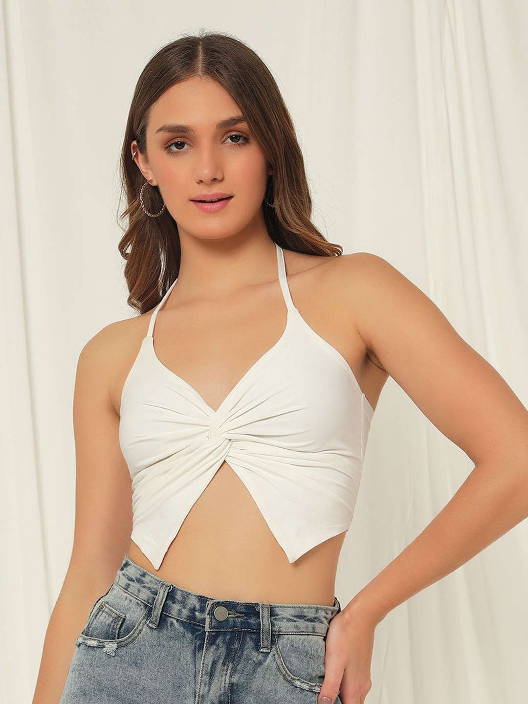 

BAESD Women Halter Neck Ruched Bralette Crop Top, White