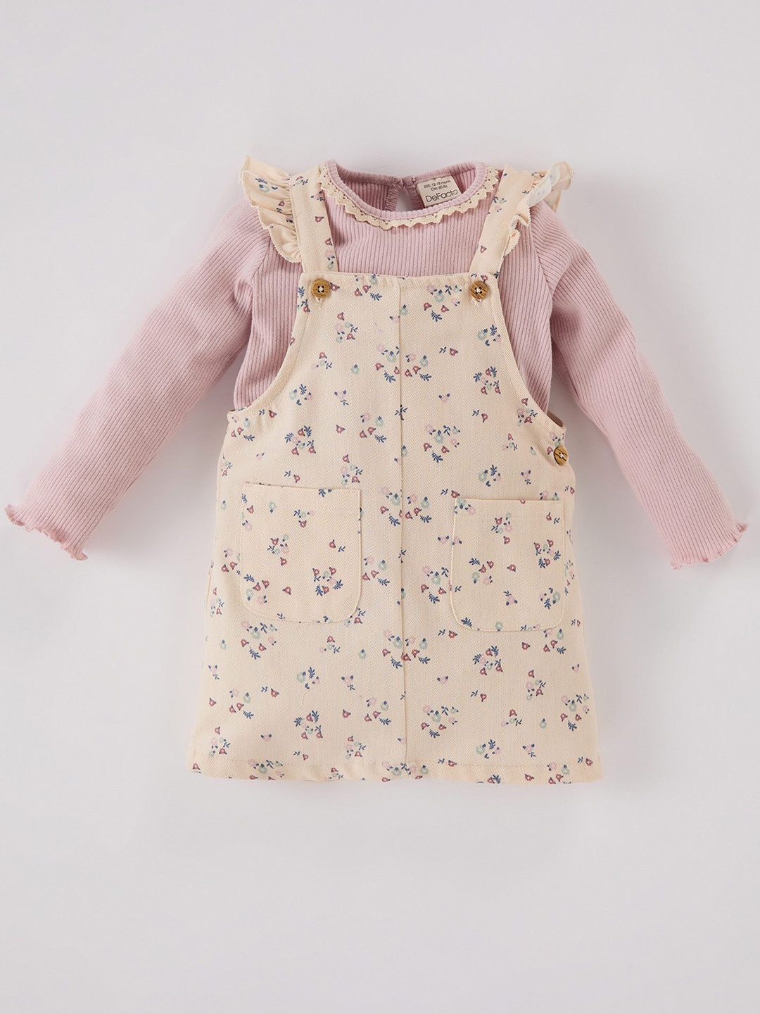 

DeFacto Girls Cotton Floral Printed Pinafore Dress, Off white