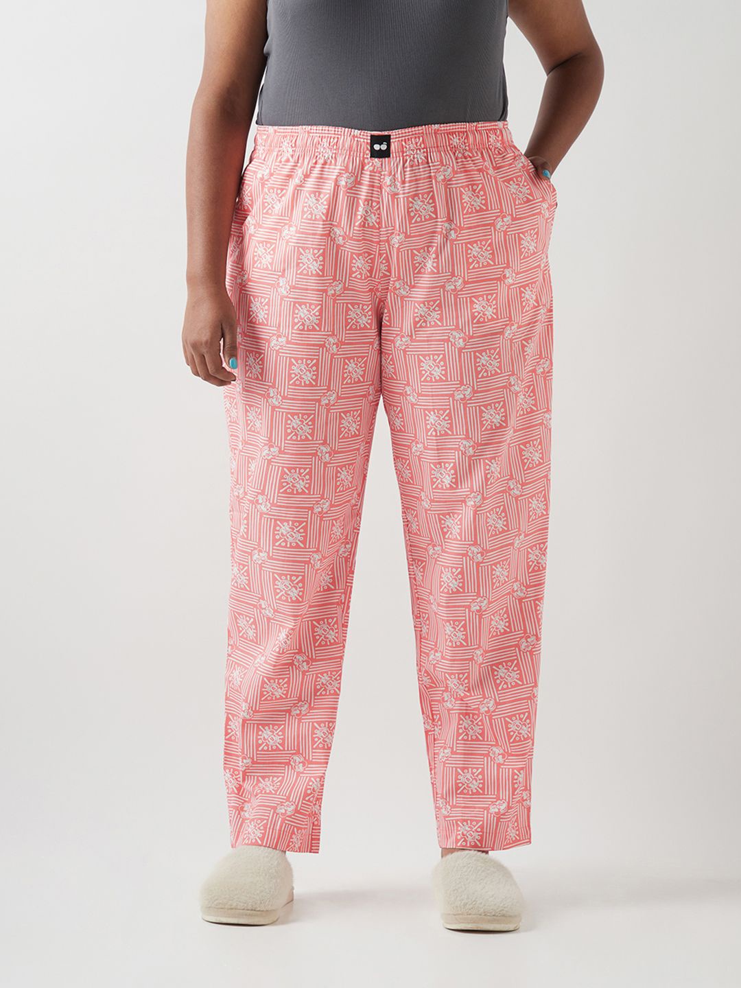 

Bewakoof Women Plus Size Printed Wide Leg Cotton Lounge Pants, Pink