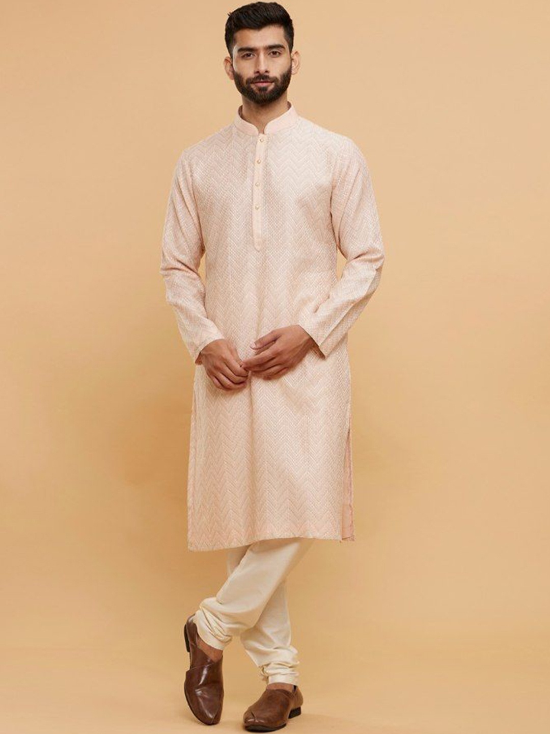 

Twamev Men Embroidered Regular Thread Work Chanderi Cotton Kurta with Churidar, Peach