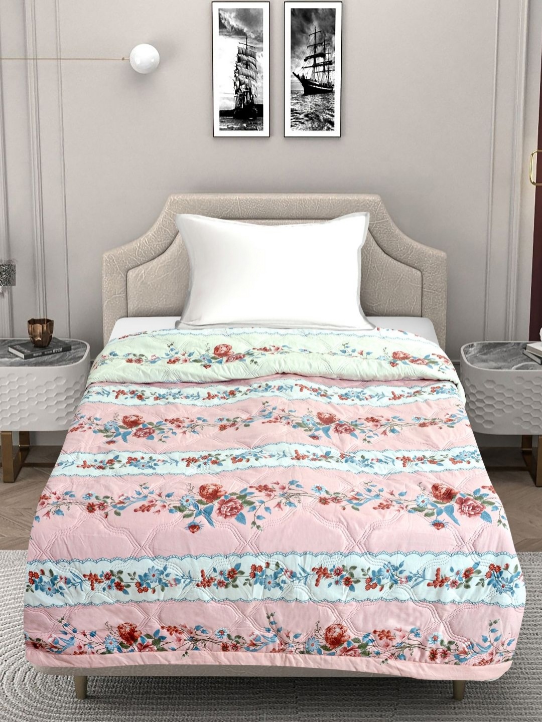 

FABINALIV Pink & Blue Floral Mild Winter 350 GSM Single Bed Comforter