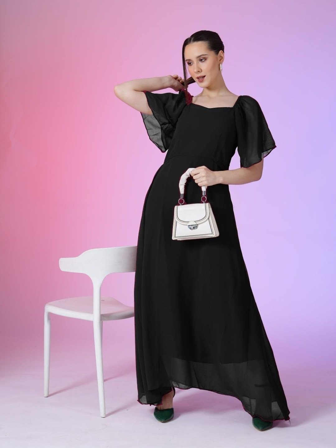 

Femvy Women Georgette Fit & Flare Maxi Dress, Black