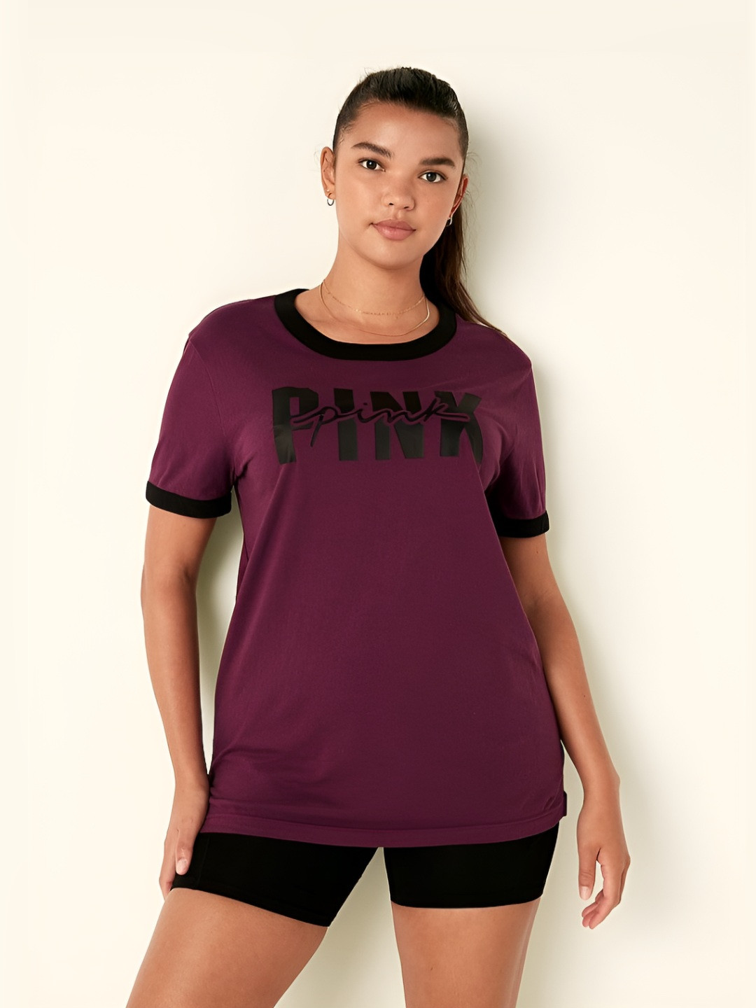 

Victoria's Secret Women Typography Printed Round Neck Cotton T-shirt, Purple