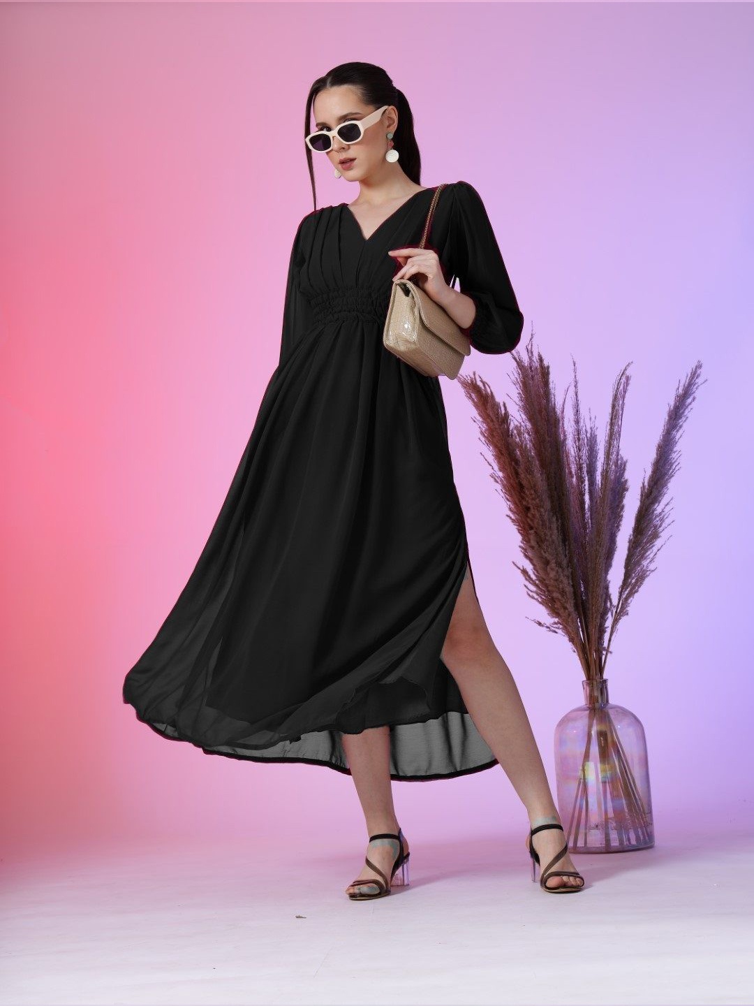 

Raiyani Enterprise Women V-neck Fit & Flare Maxi Dress, Black