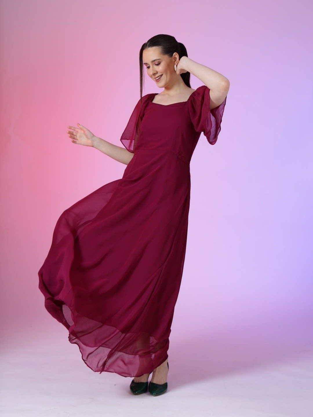 

Krunal Raiyani Women Bell Sleeve Georgette Fit & Flare Maxi Dress, Magenta
