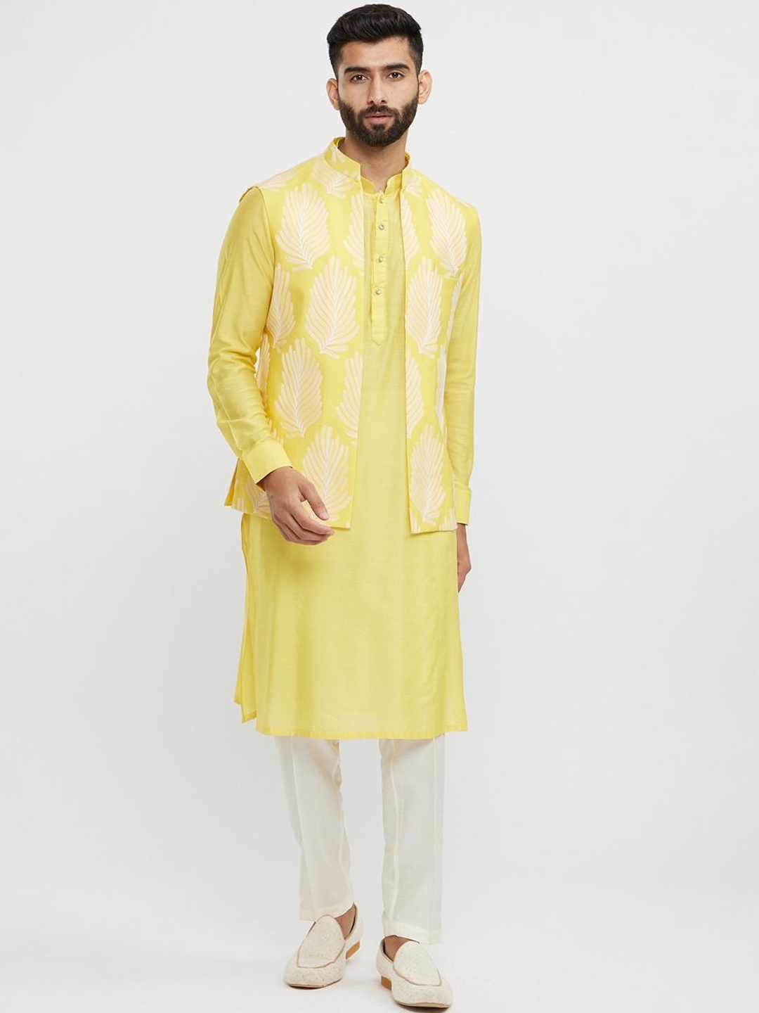 

Twamev Mandarin Collar Long Sleeves Regular Straight Kurta With Trouser With Nehru Jacket, Yellow