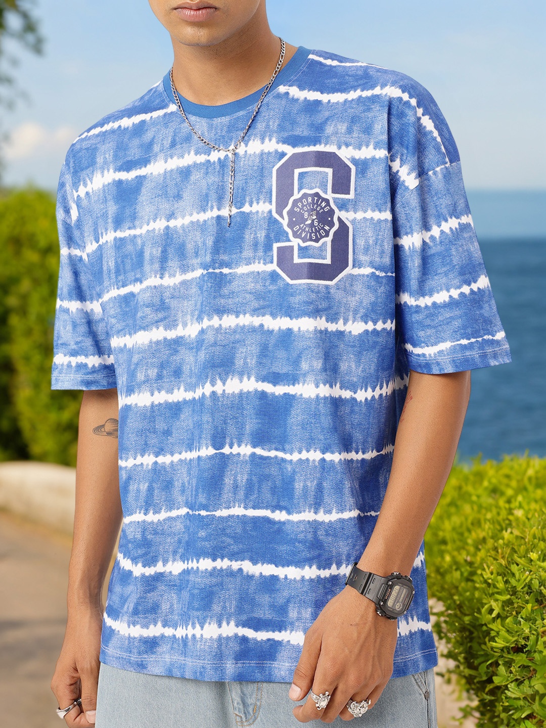 

Kook N Keech Timeless Vibe Embroidered Detail Tie and Dye Oversized T-shirt, Blue