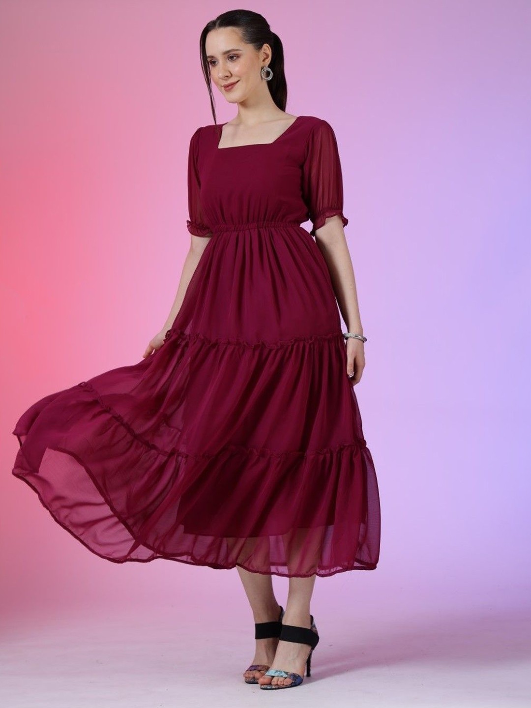 

Krunal Raiyani Women Puff Sleeve Georgette Fit & Flare Midi Dress, Magenta