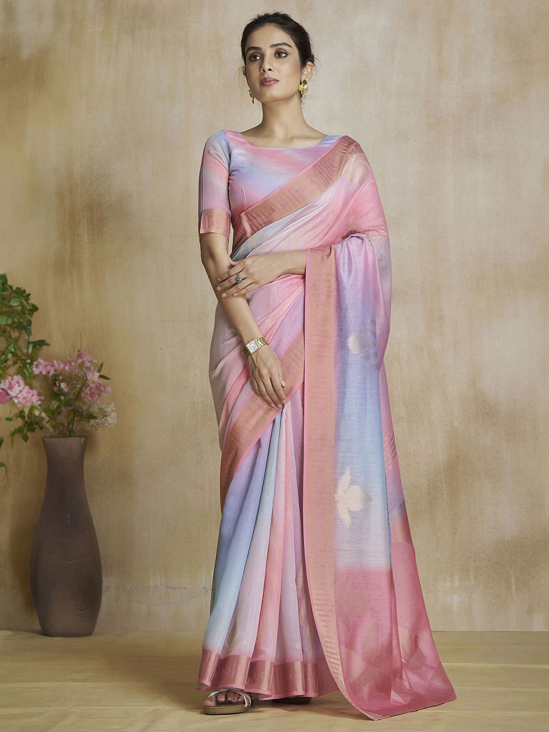 

Satrani Woven Design Zari Pure Silk Banarasi Saree, Pink