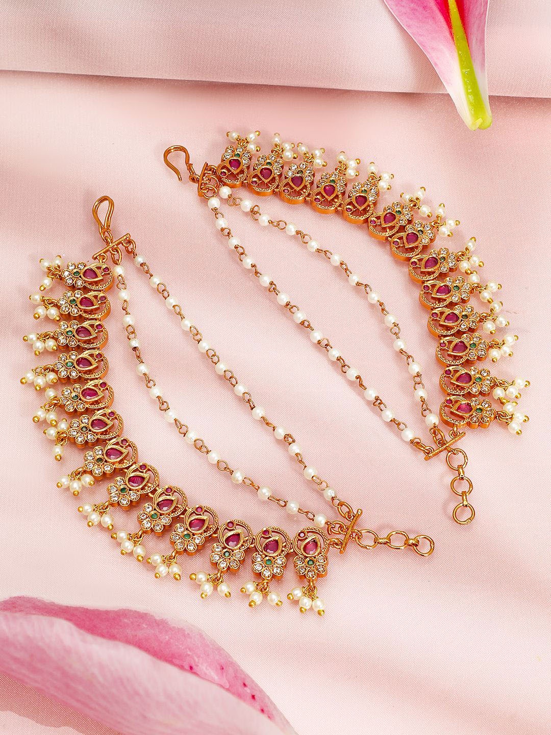 

Rubans 22K Gold Plated Ruby & Pearl Studded Ear Chain with Delicate Layered Design