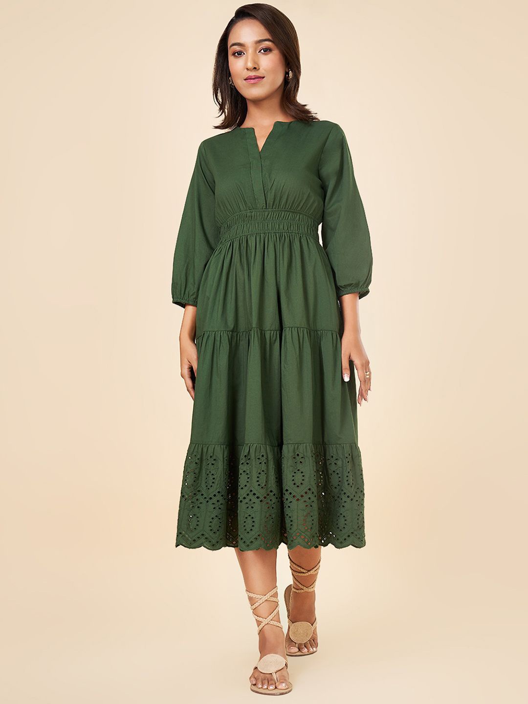 

AKKRITI BY PANTALOONS Embroidered Empire Midi Dress, Green