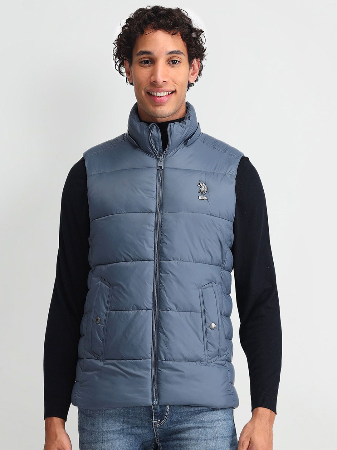 

U.S. Polo Assn. Denim Co. Men Washed Padded Jacket with Patchwork, Blue