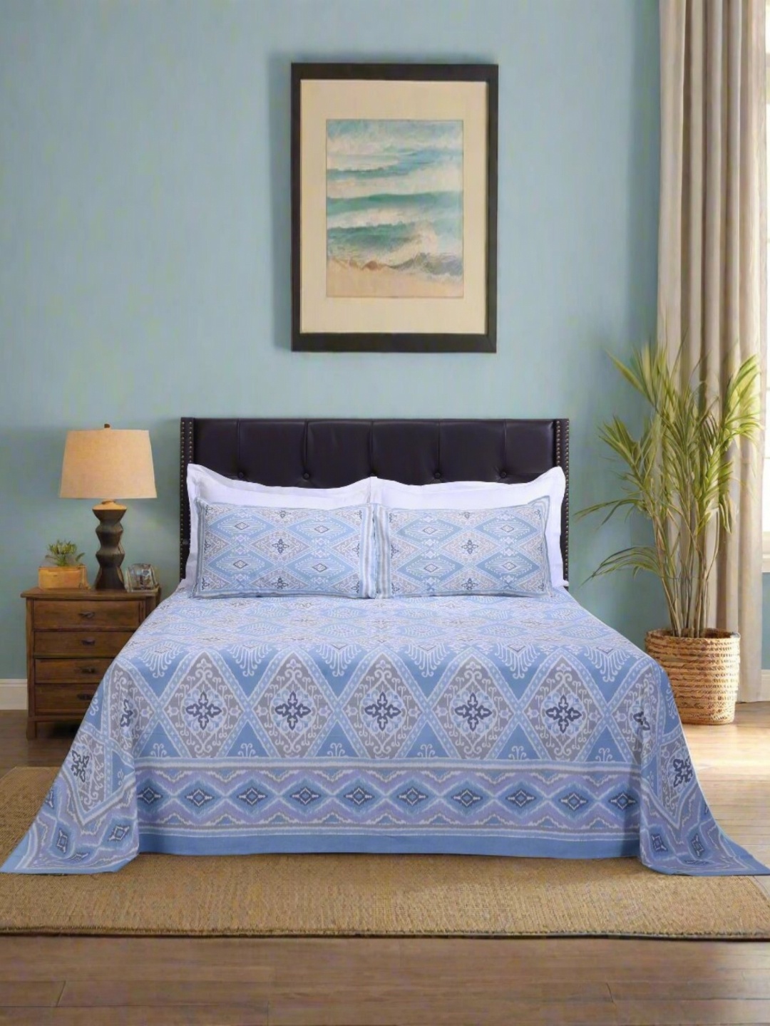 

SHAHENAZ Blue & White Floral Cotton 120 TC King Bedsheet with 2 Pillow Covers