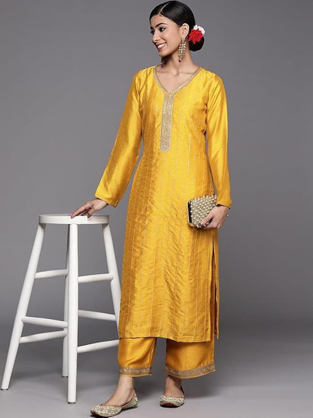 

RARE THREAD Women Geometric Embroidered Kurta, Yellow