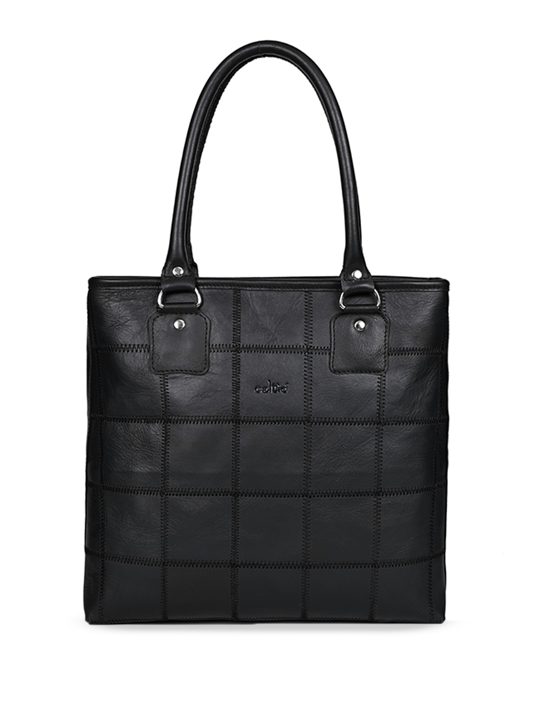 

Celtic Checked Leather Shopper Tote Bag with, Black