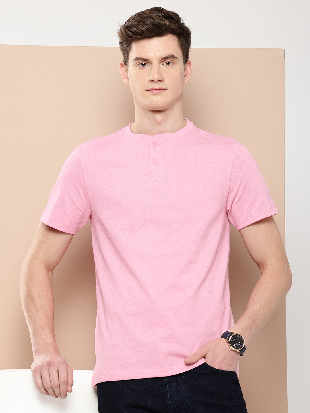 

encore by INVICTUS Henley Neck Casual T-shirt, Pink