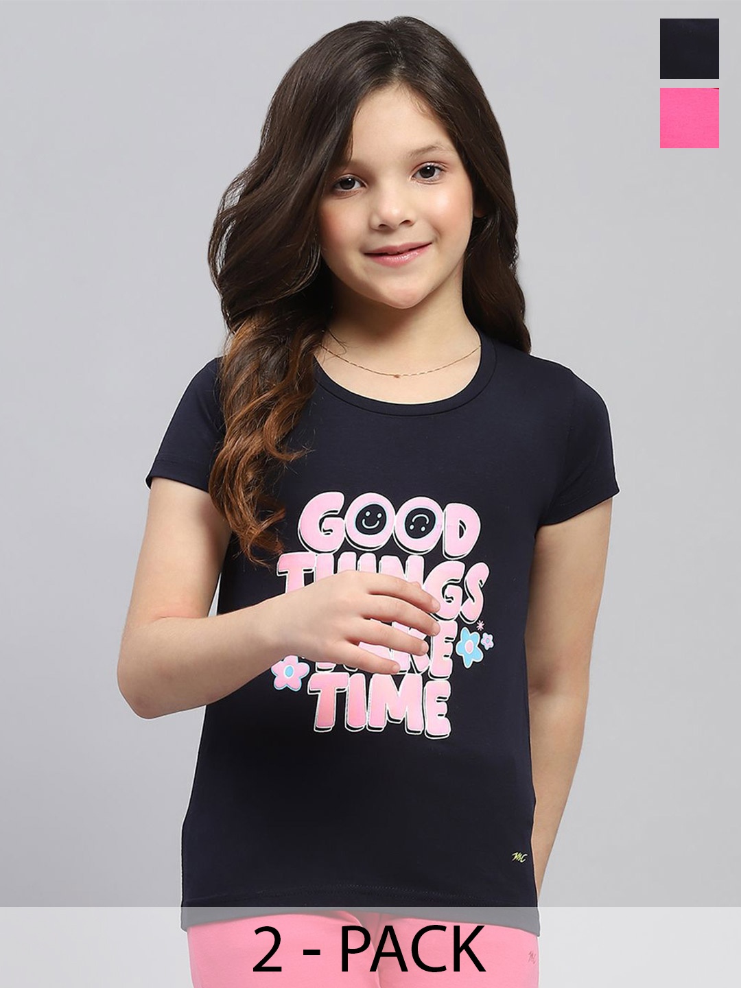 

Monte Carlo Girls Pack of 2 Typography Printed Top, Navy blue