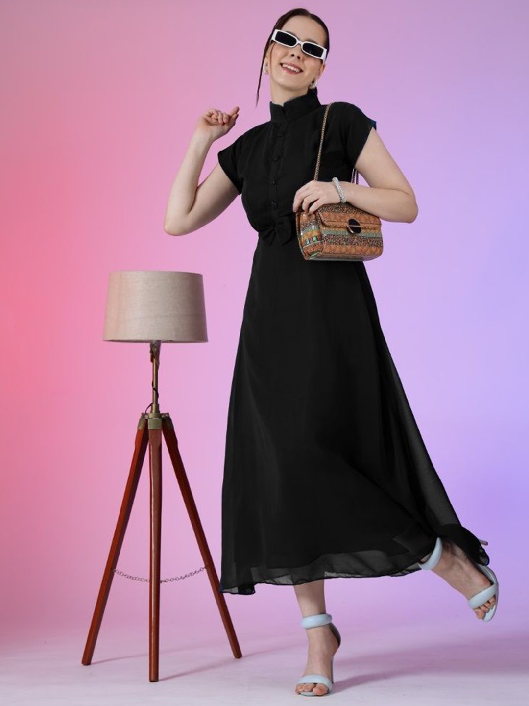 

Krunal Raiyani Georgette Fit & Flare MIdi Dress, Black