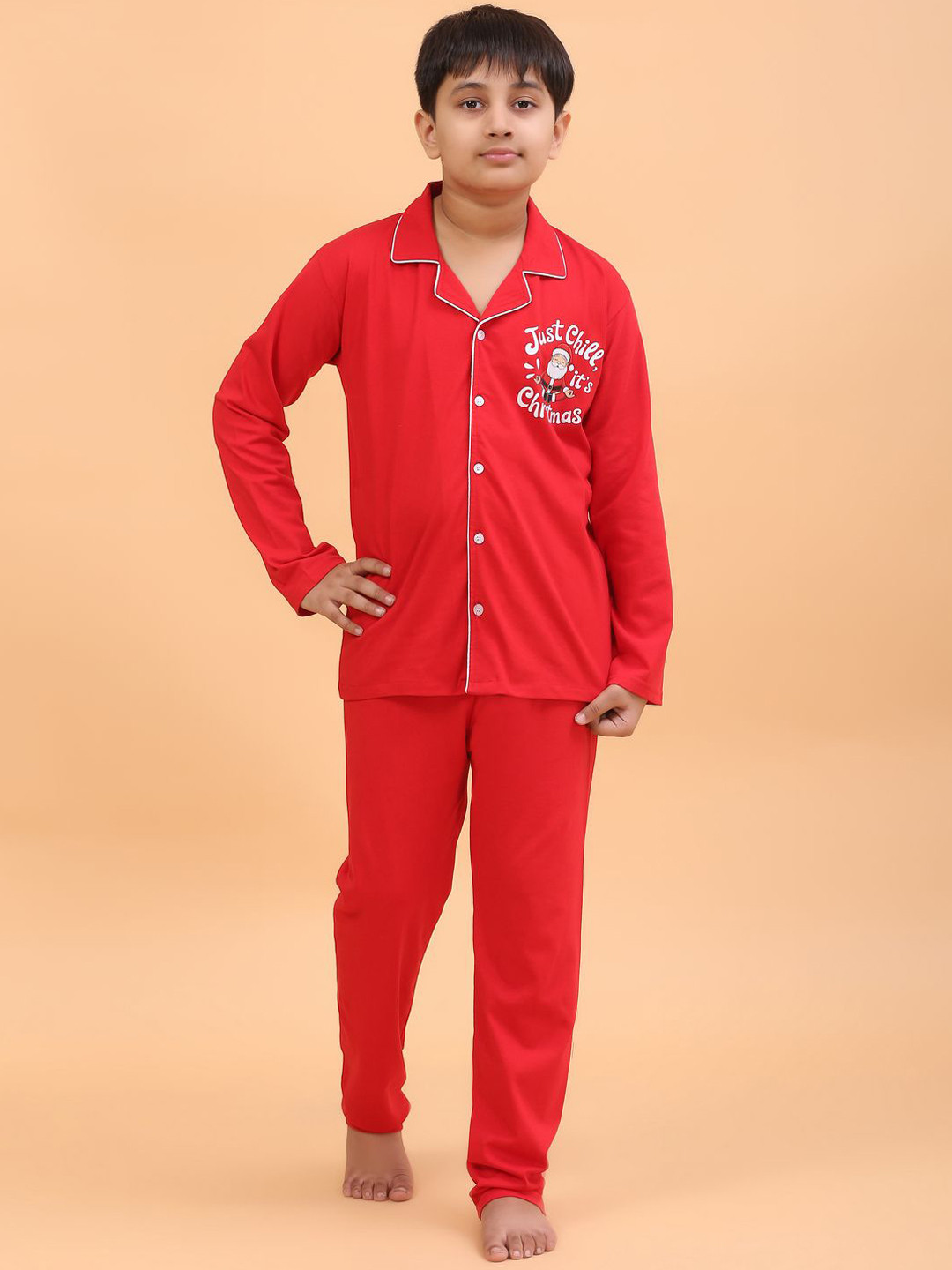 

Ninos Dreams Kids Pure Cotton Lapel Collar Slip On Night suit, Red