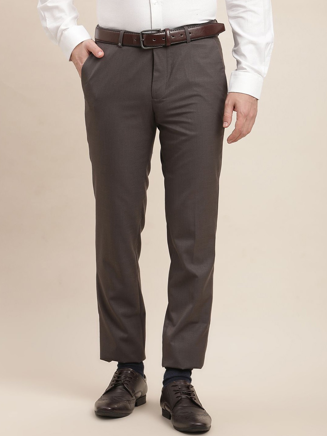 

Turtle Men Tailored Fit Slim Fit Formal Trousers, Brown