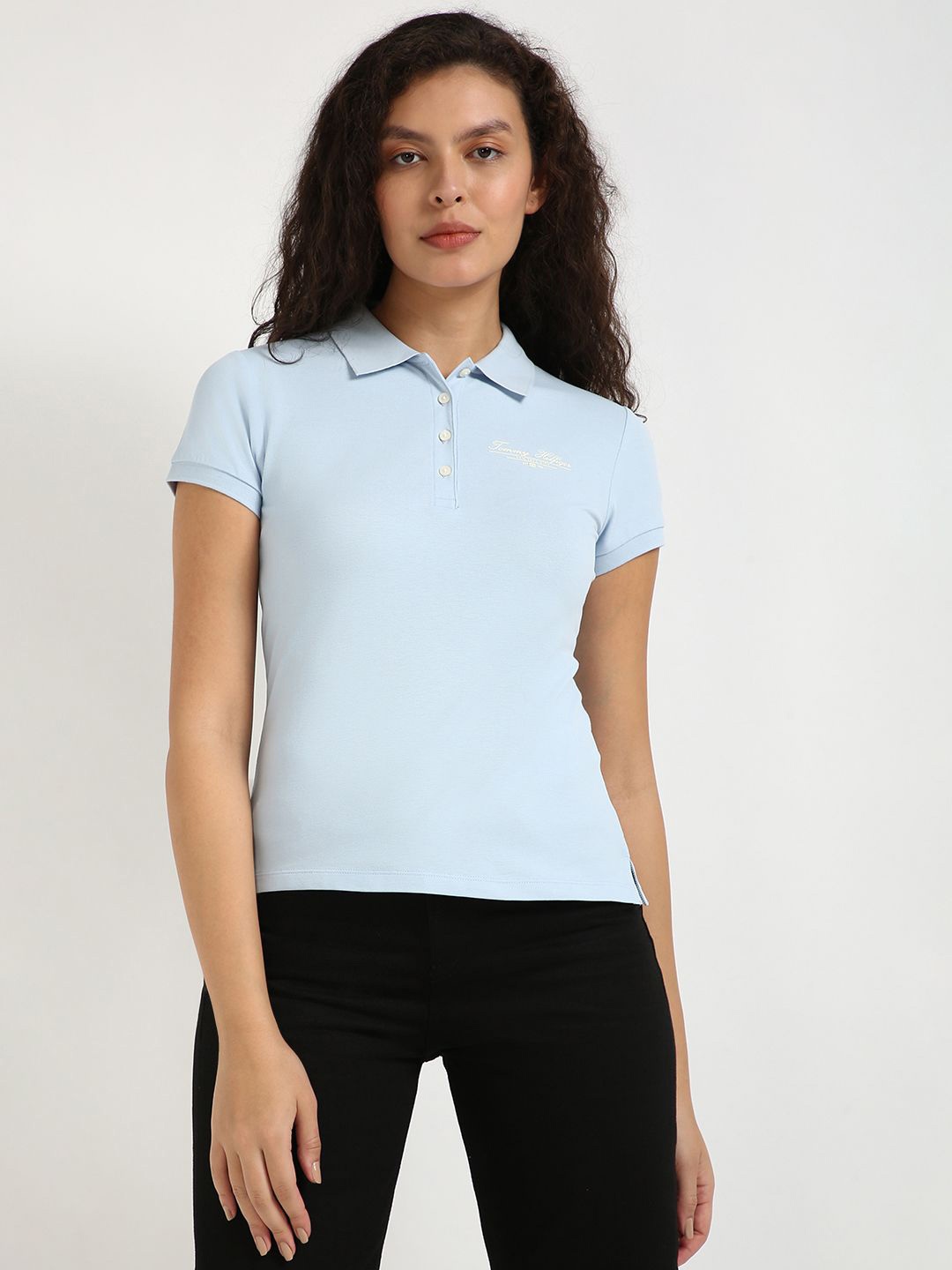 

Tommy Hilfiger Women Polo Collar Monochrome Pockets Slim Fit T-shirt, Blue
