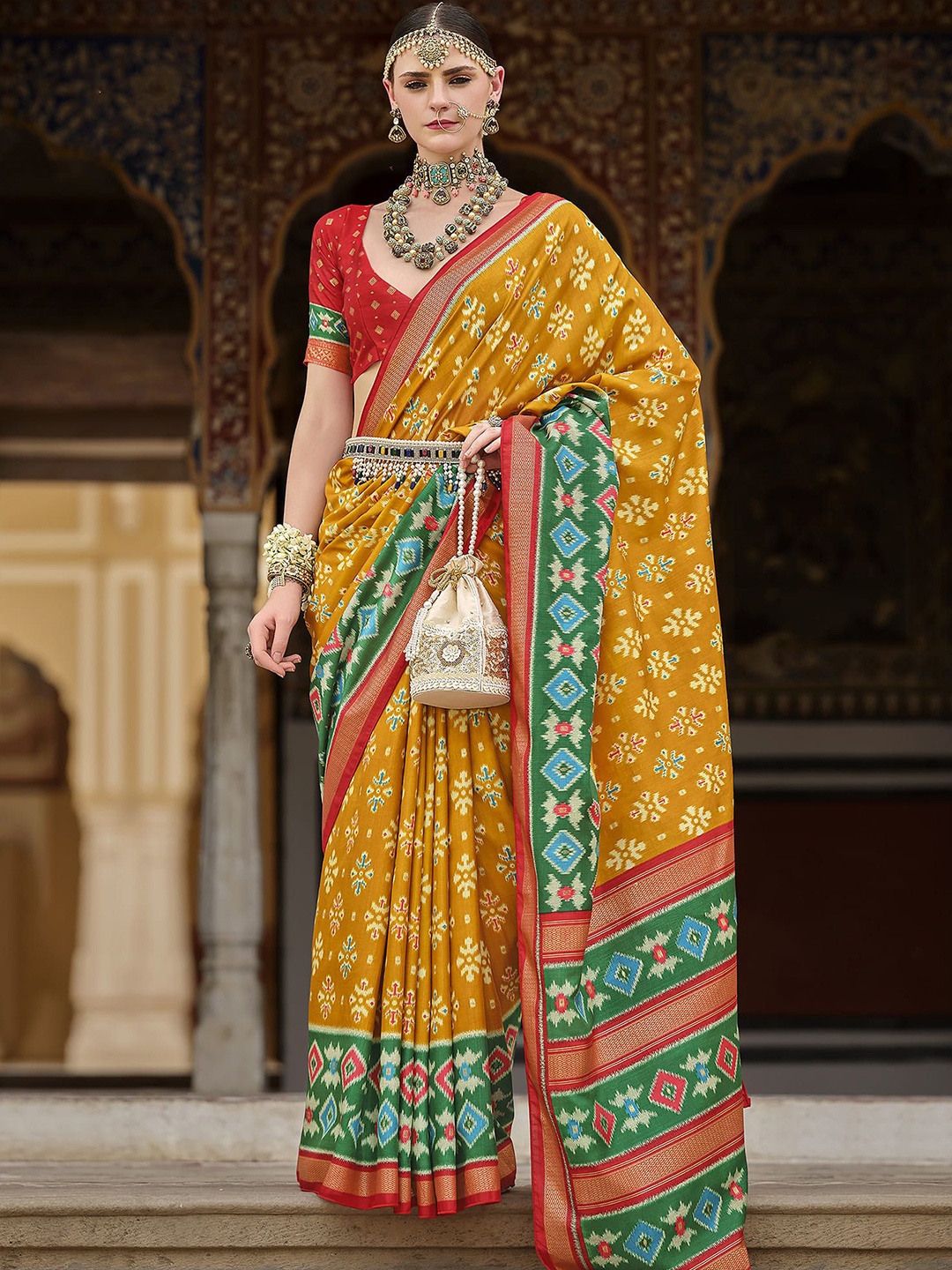 

elora Woven Design Zari Silk Blend Patola Saree, Mustard