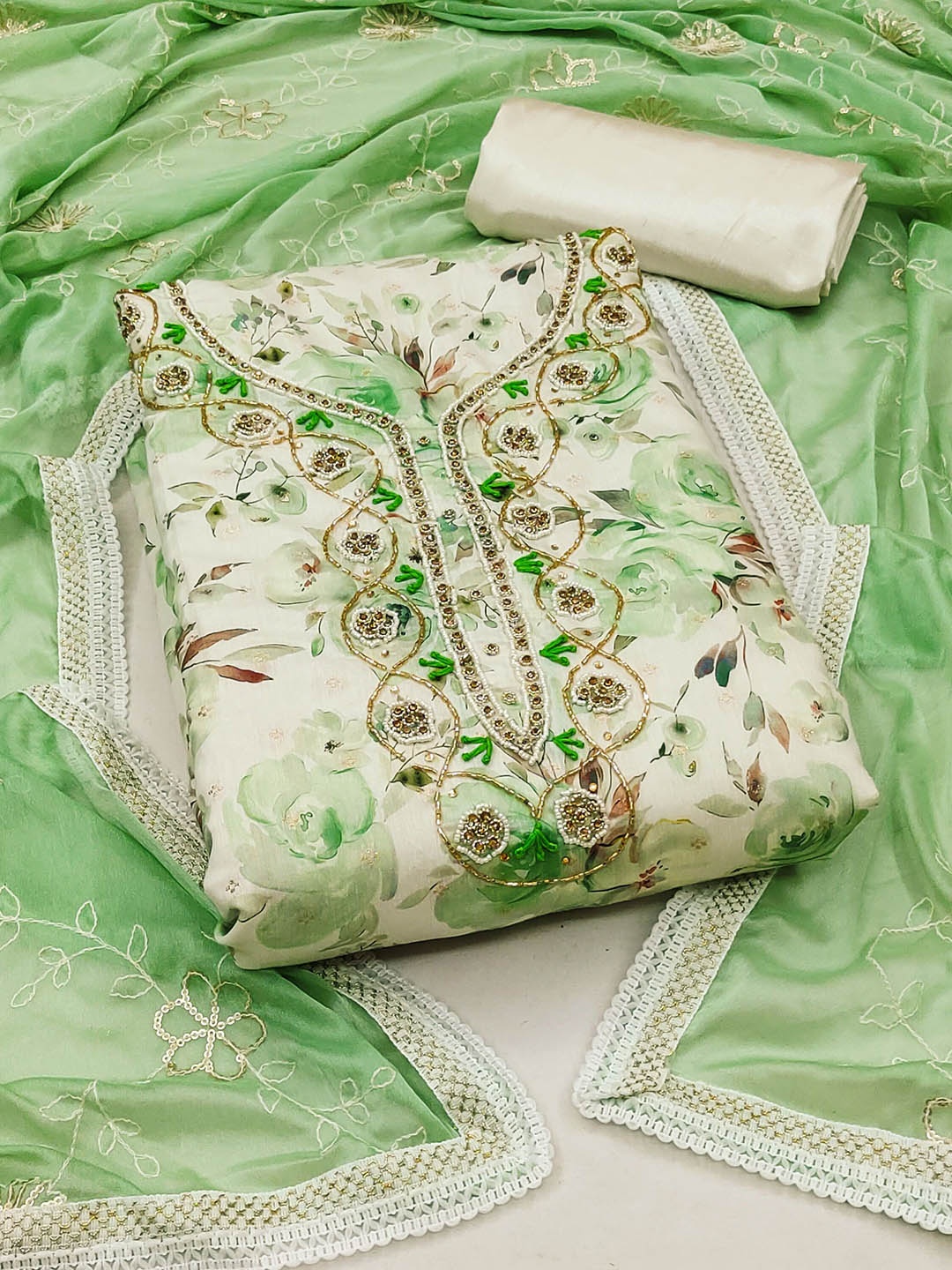 

Maroosh Embellished Unstitched Dress Material, Green