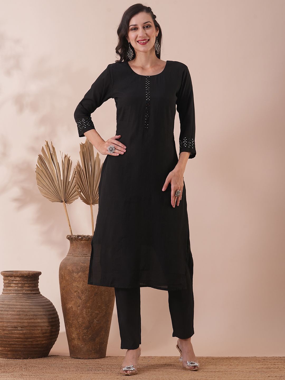 

FASHOR Women Embroidered Regular Mirror Work Kurta with Trousers, Black