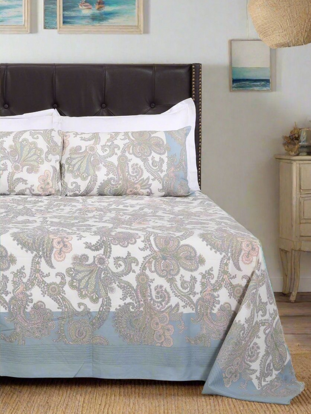 

SHAHENAZ Blue & Green Floral Cotton 120 TC King Bedsheet with 2 Pillow Covers