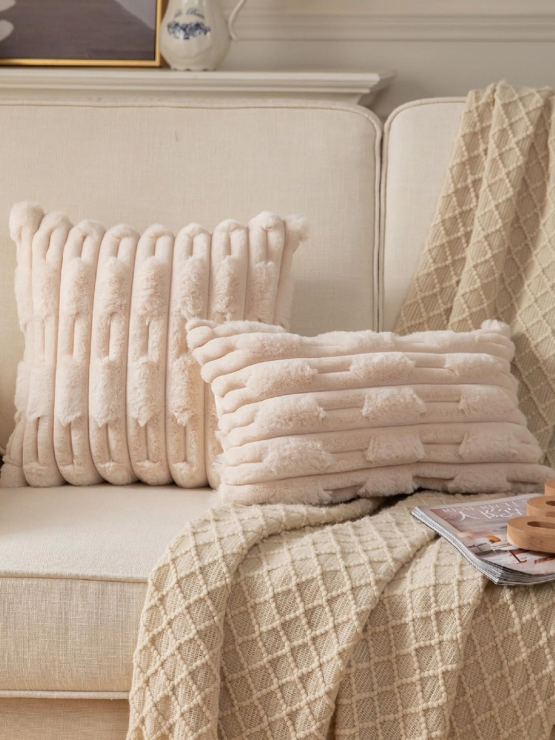 

MONKDECOR Beige Set of 2 Geometric Velvet Square Cushion Covers
