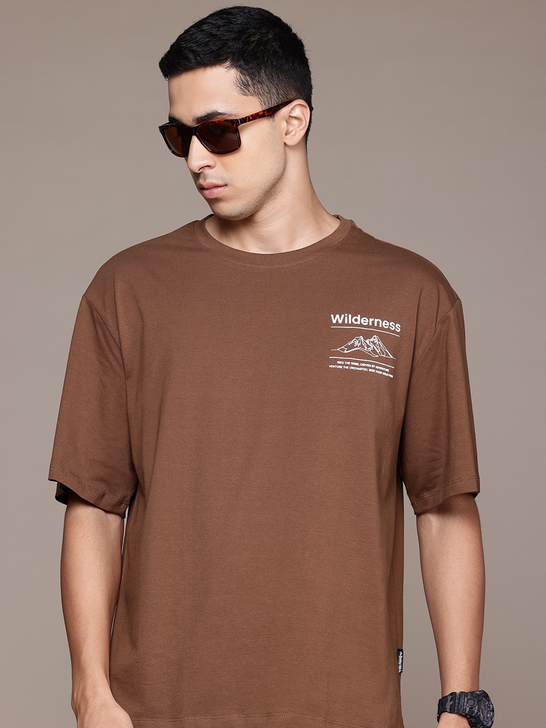 

The Roadster Lifestyle Co. Drop-Shoulder Sleeves Pure Cotton Relaxed T-shirt, Brown