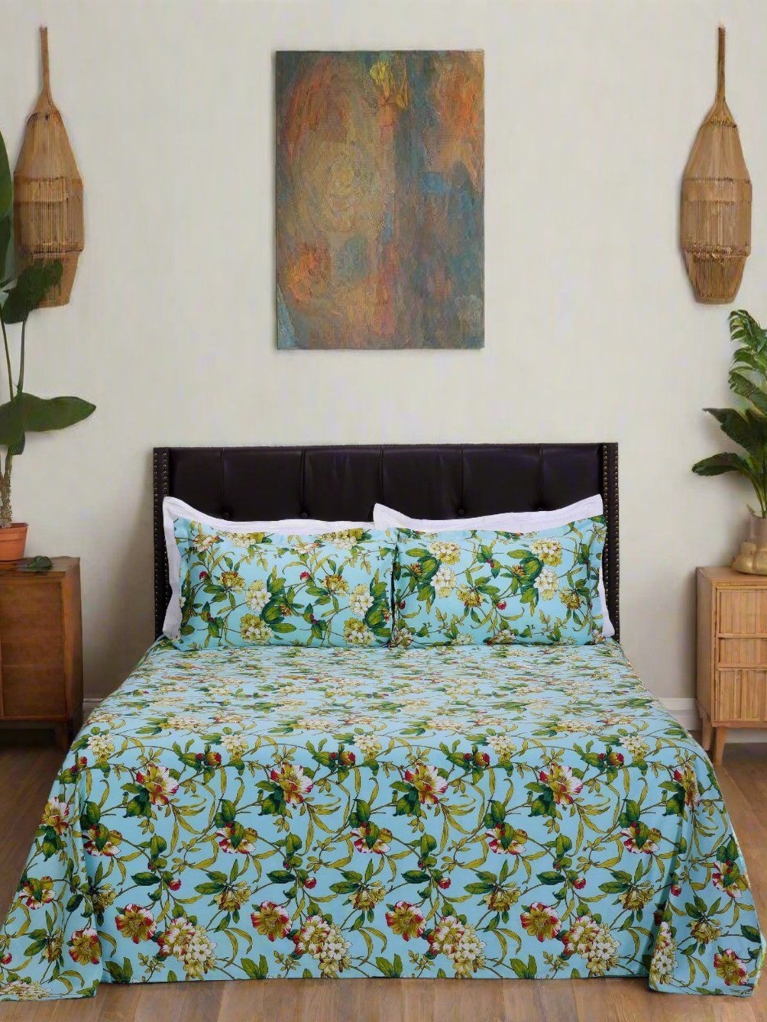 

SHAHENAZ Blue & Green Floral Cotton 300 TC Double Queen Bedsheet with 2 Pillow Covers