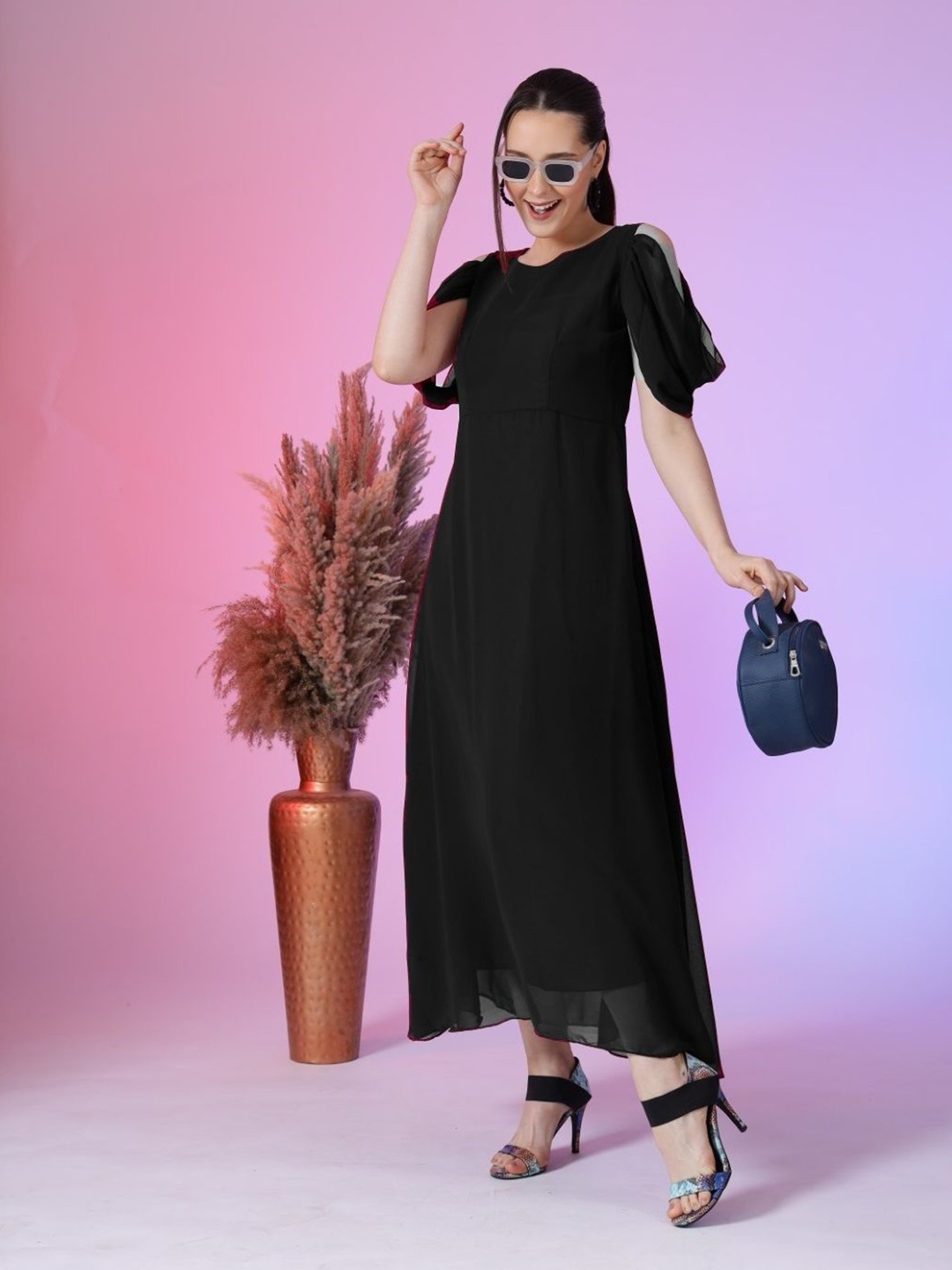 

Femvy Georgette Cold-Shoulder Sleeves A-Line Maxi Dress, Black