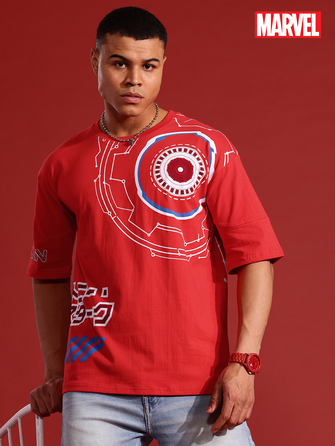 

MARVEL STREET Cyber Punk Iron Man Print Drop-Shoulder Sleeves Pure Cotton Relaxed T-shirt, Red