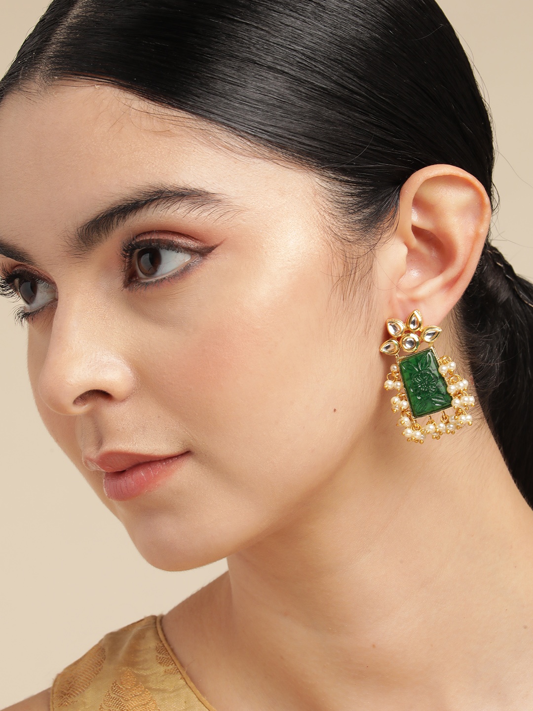 

Anouk Gold Plated Beaded Geometric Studs Earrings, Green