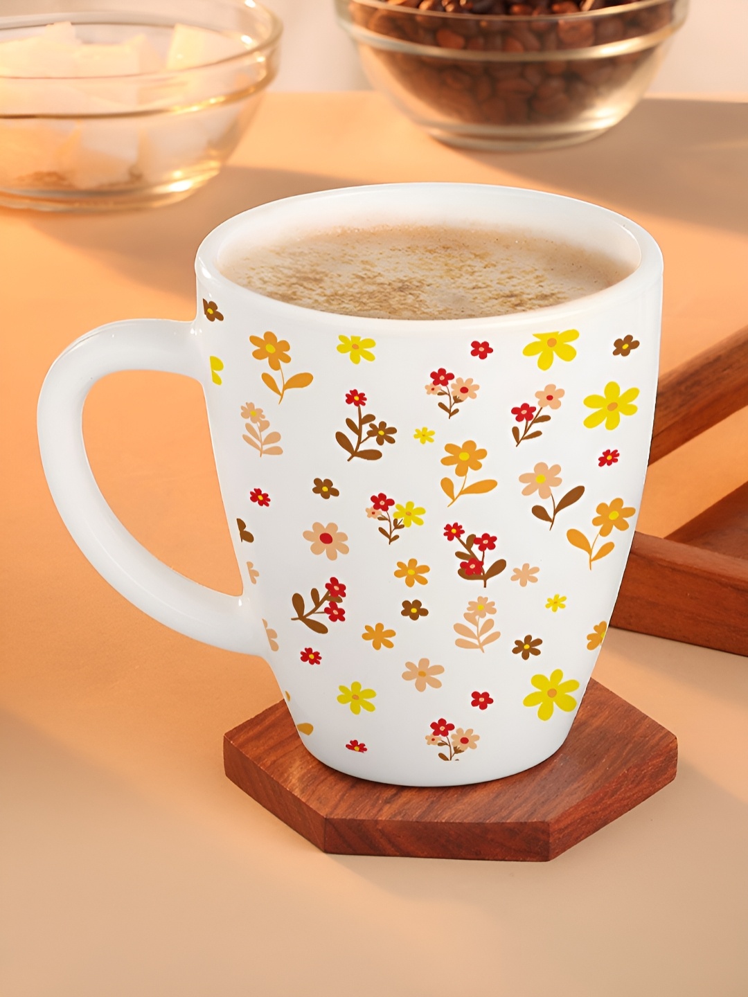 

Larah by BOROSIL White & Yellow Floral Printed Opalware Glossy Mugs Set of Cups and Mugs