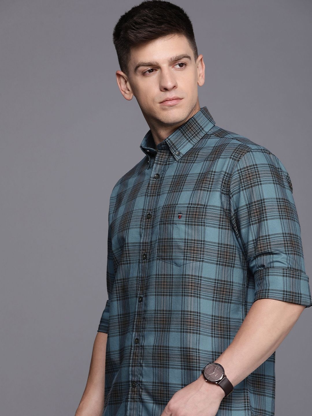 

Louis Philippe Sport Pure Cotton Slim Fit Checked Casual Shirt, Blue