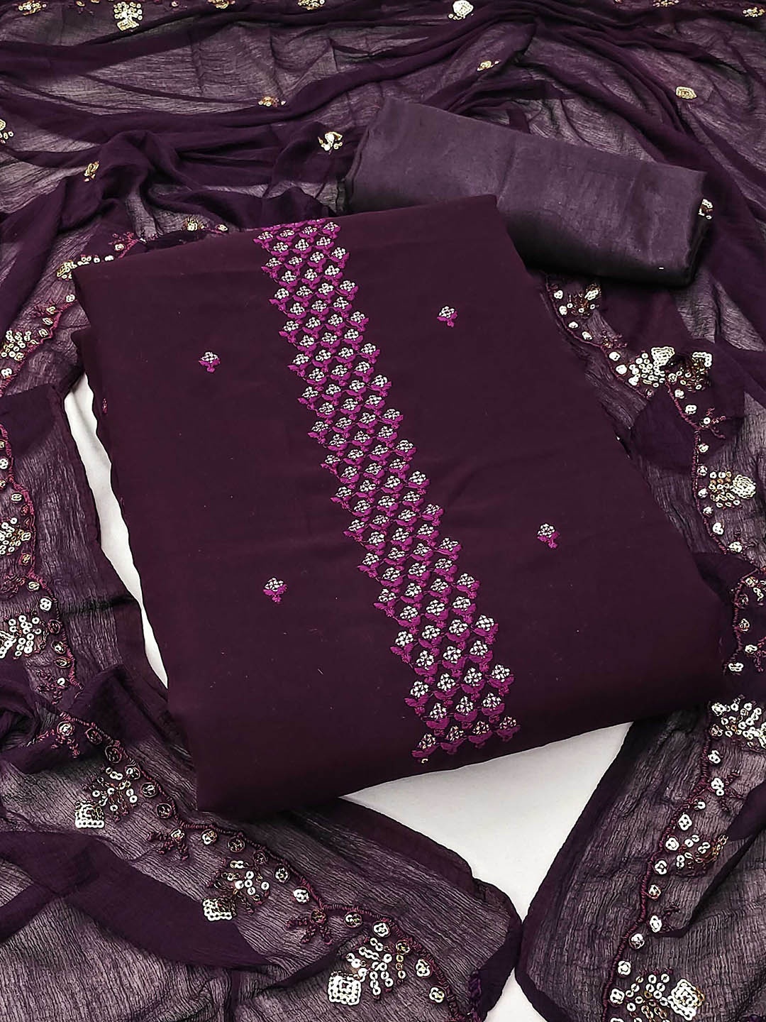 

KALINI Embroidered Unstitched Dress Material, Purple