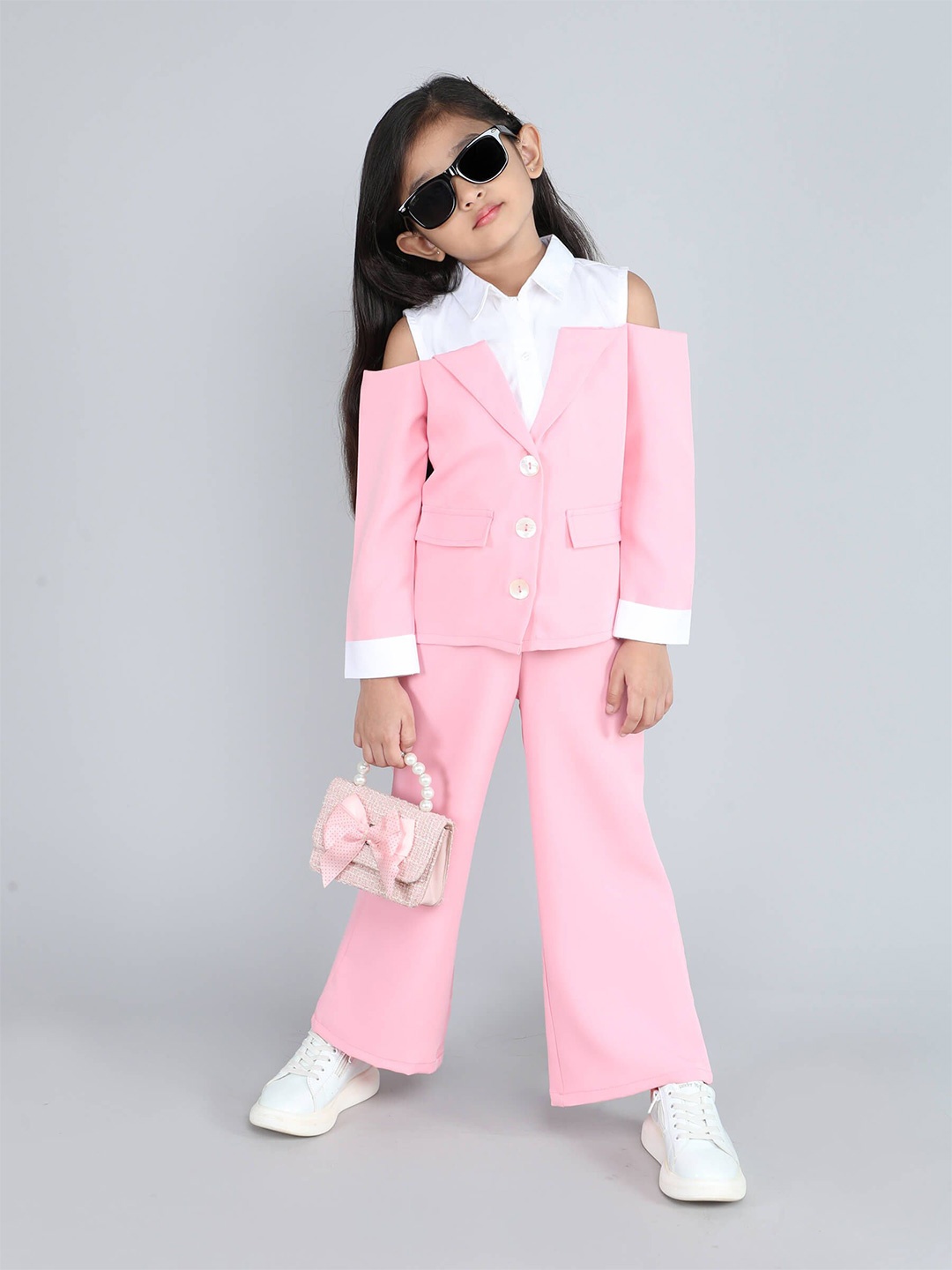 

taffykids Girls Colourblocked Shirt with Trousers, Pink