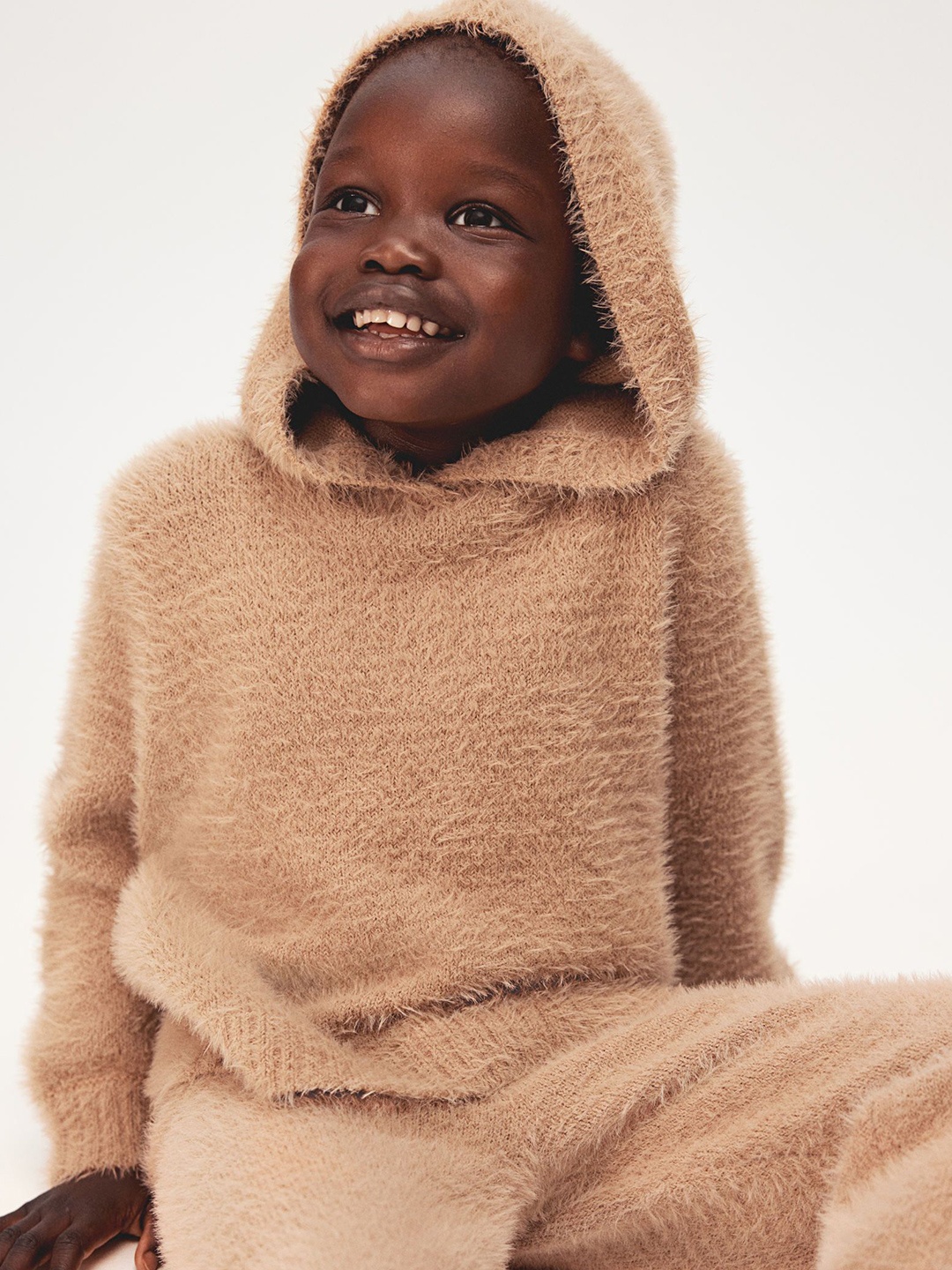 

H&M Girls Fluffy-Knit Ribbed Hooded Sweater, Beige