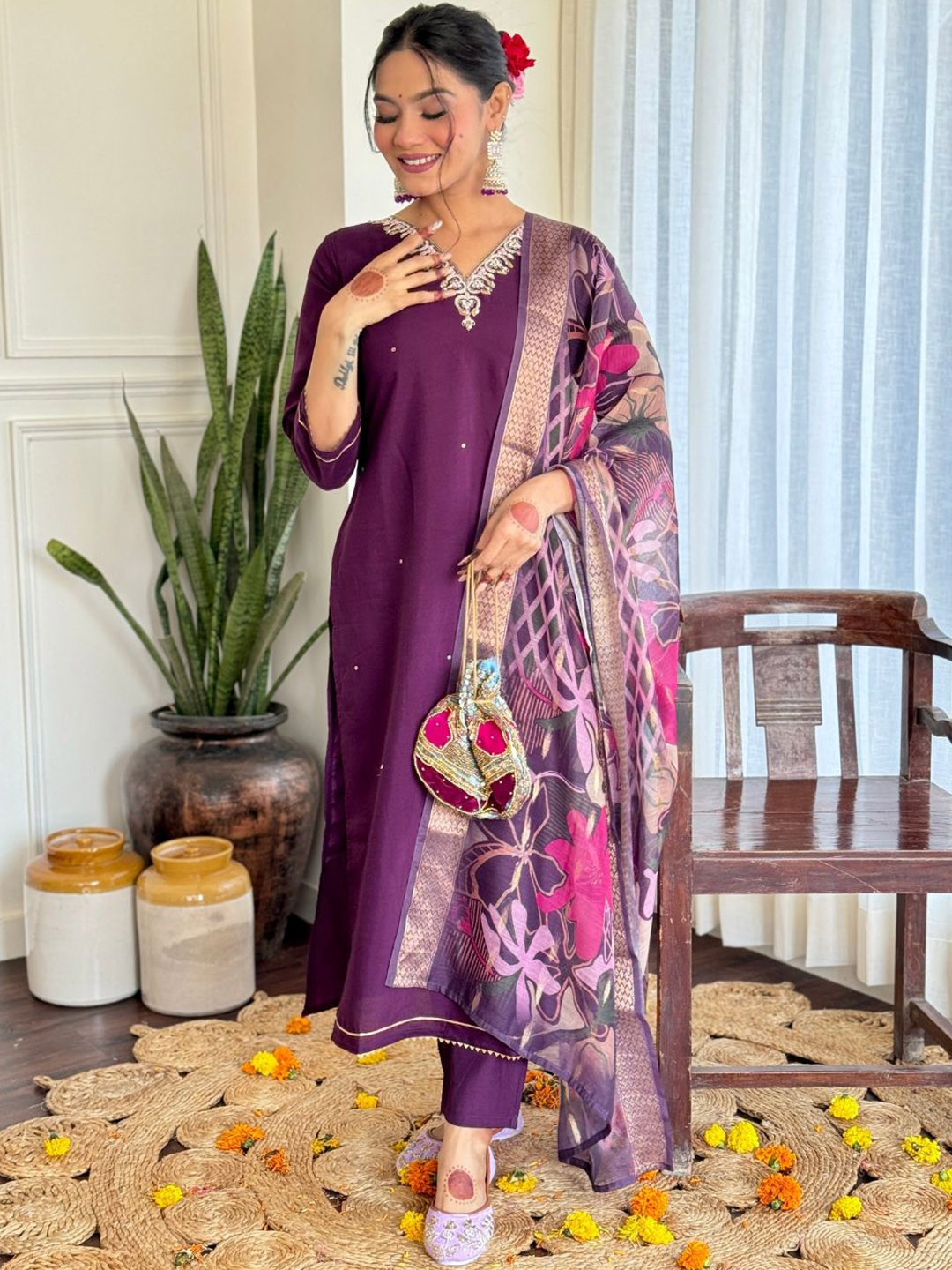 

KALINI Women Floral Embroidered Regular Sequinned Chanderi Silk Kurta with Trousers & With Dupatta, Purple