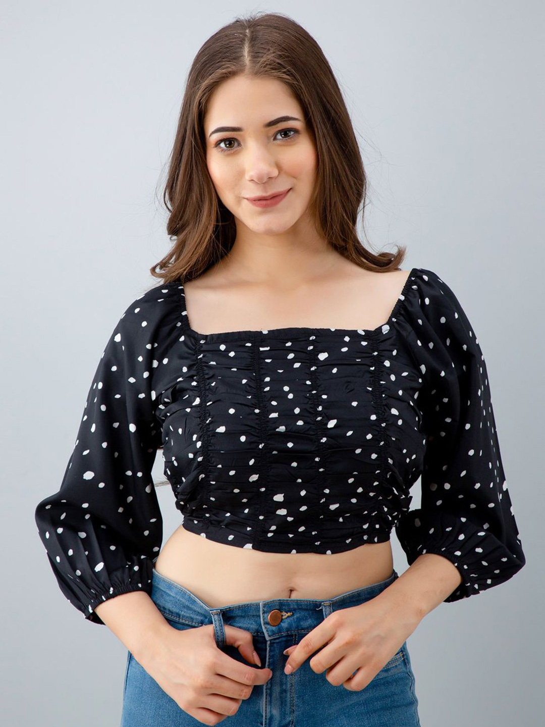 

all about you Print Puff Sleeve Blouson Crop Top, Black