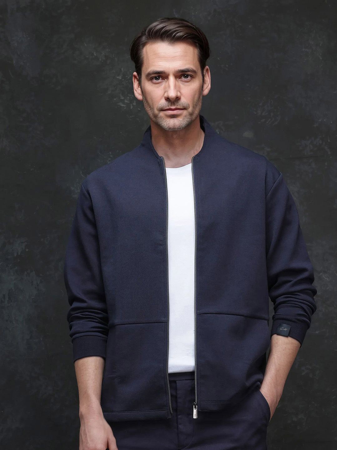 

RARE RABBIT Men Mock Collar Cotton Sweatshirt, Navy blue