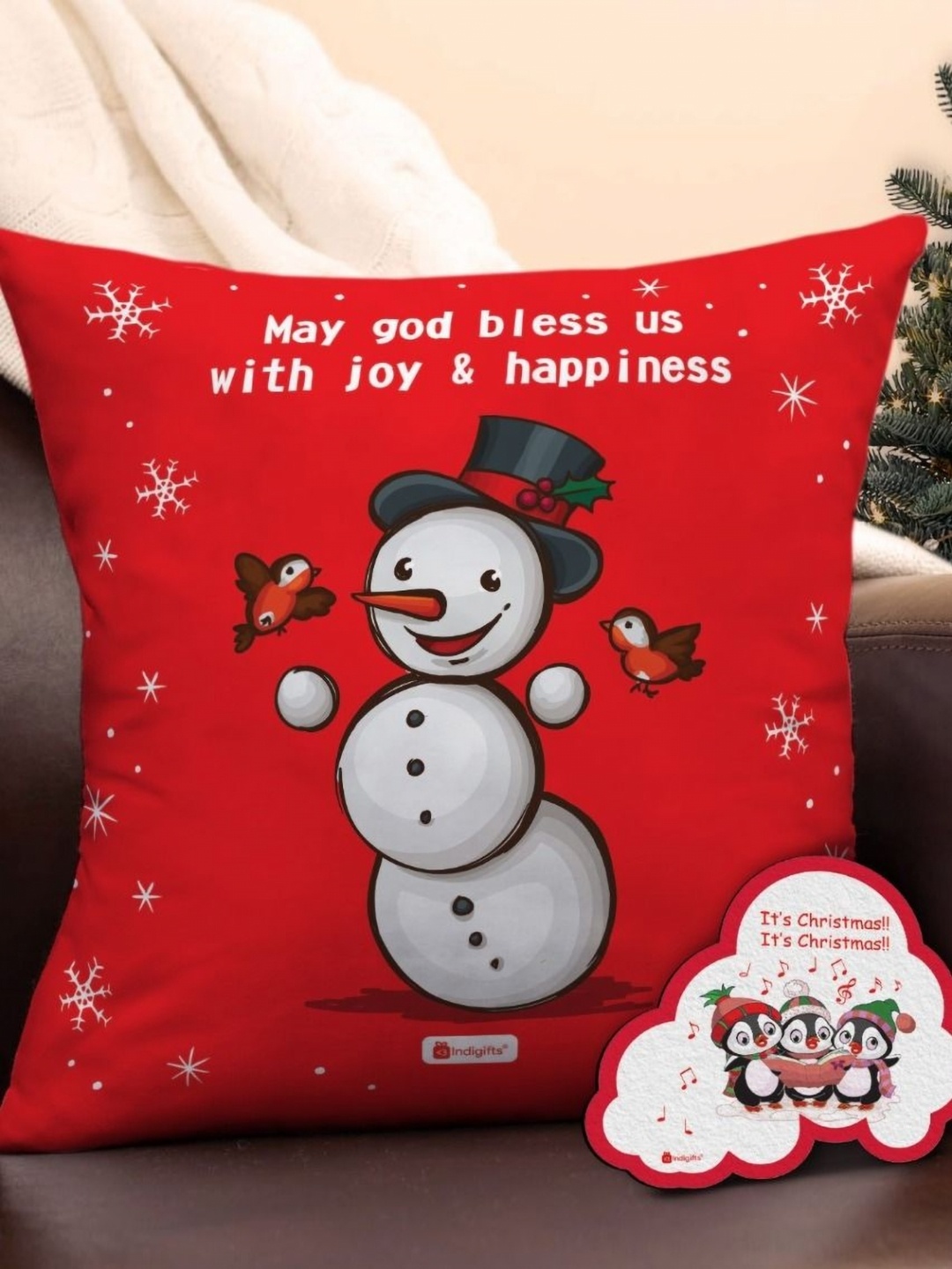 

Indigifts Red & White Printed Pre-Filled Christmas Cushion With Fridge Magnet