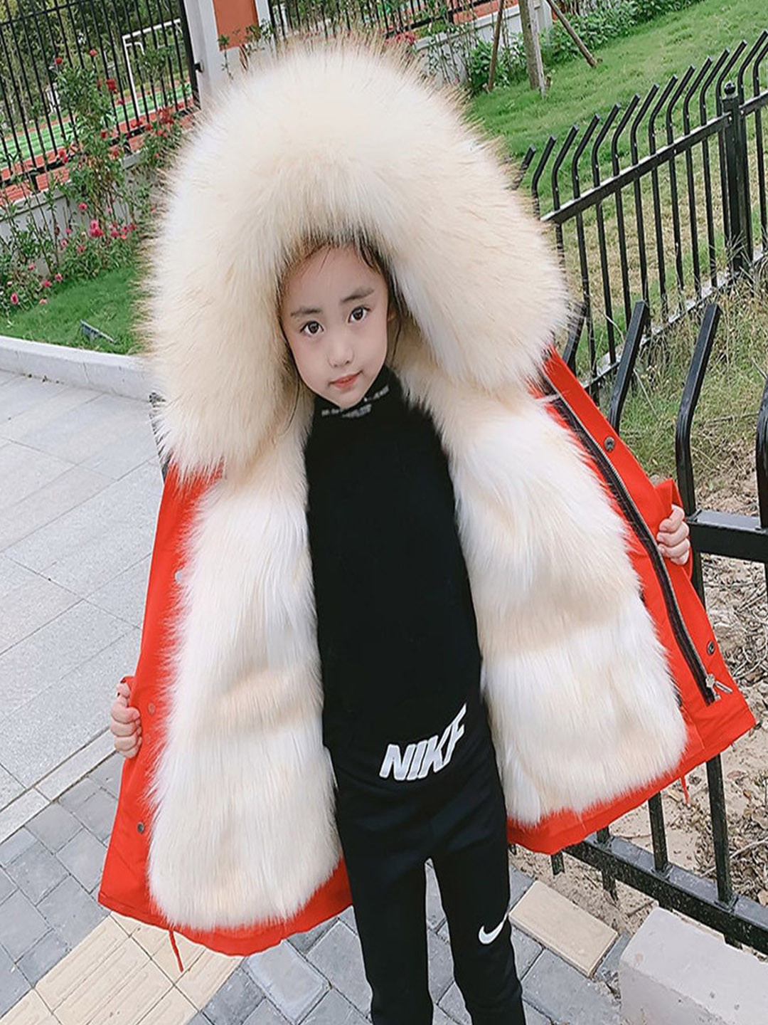 

Xsole Kids Self Design Mock Collar Hooded Winter Jacket, Cream