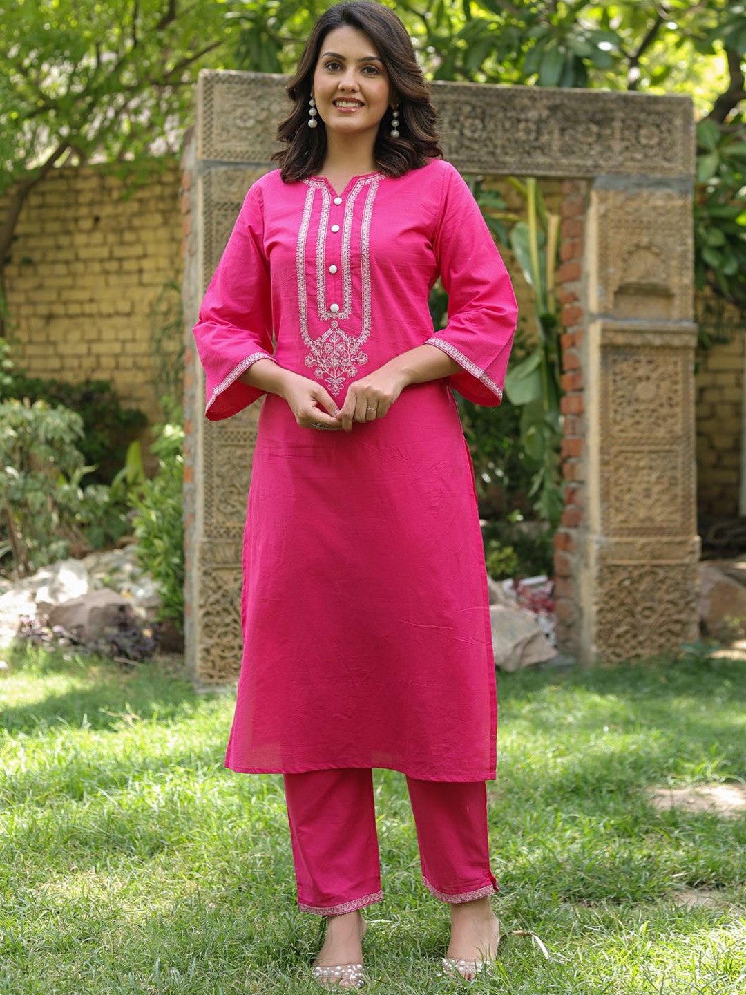 

Readiprint Fashions Women Yoke Design Regular Thread Work Pure Cotton Kurta with Palazzos, Pink