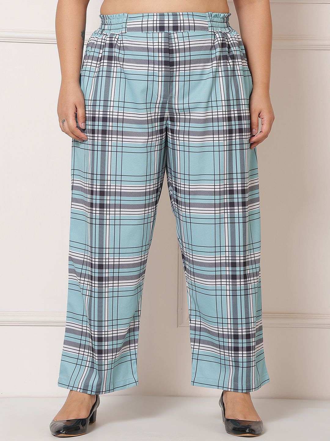 

Amydus Women Checked Cotton Regular Trousers, Blue