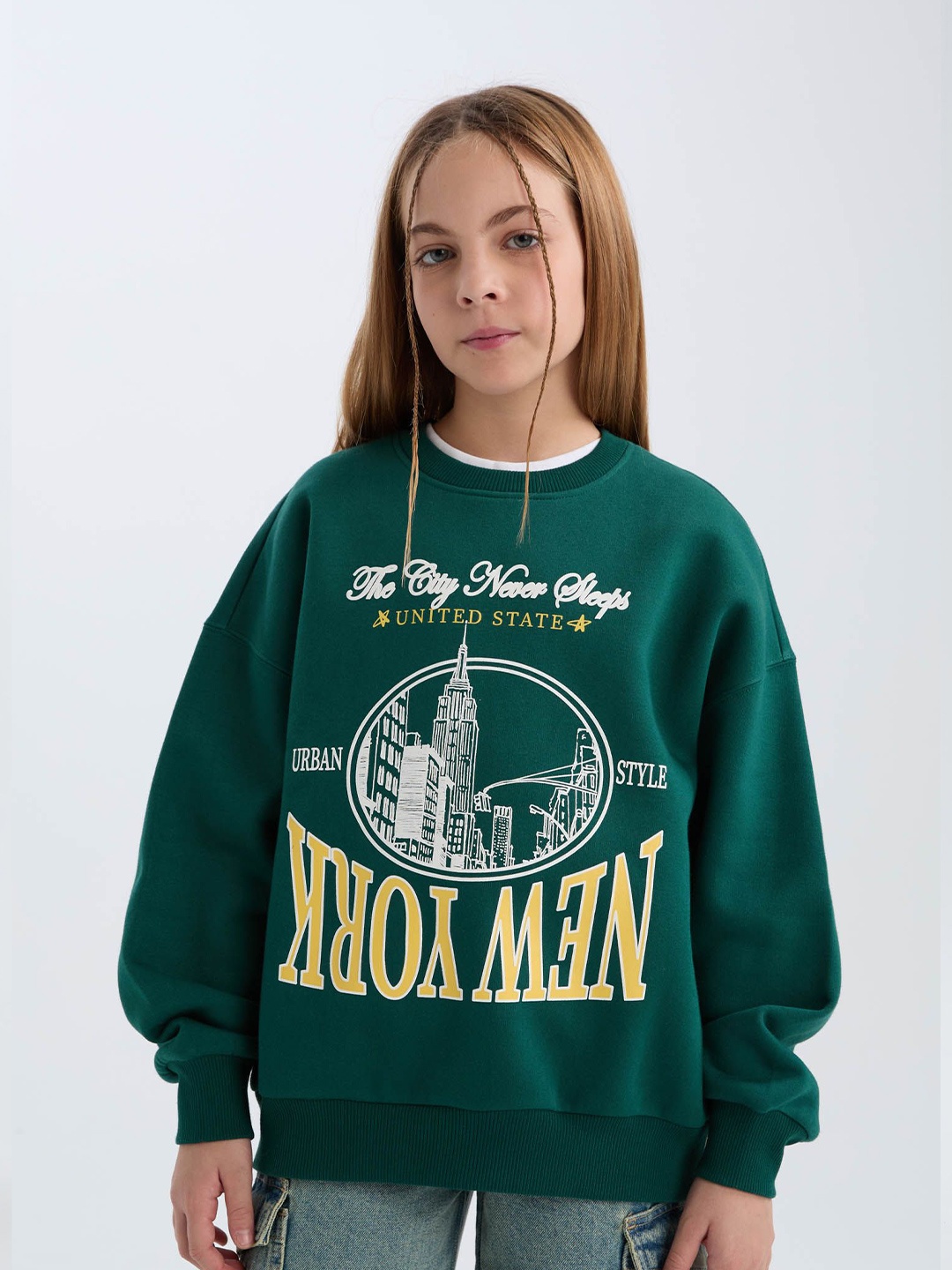

DeFacto Girls Cotton Printed Long Sleeves Pullover, Green