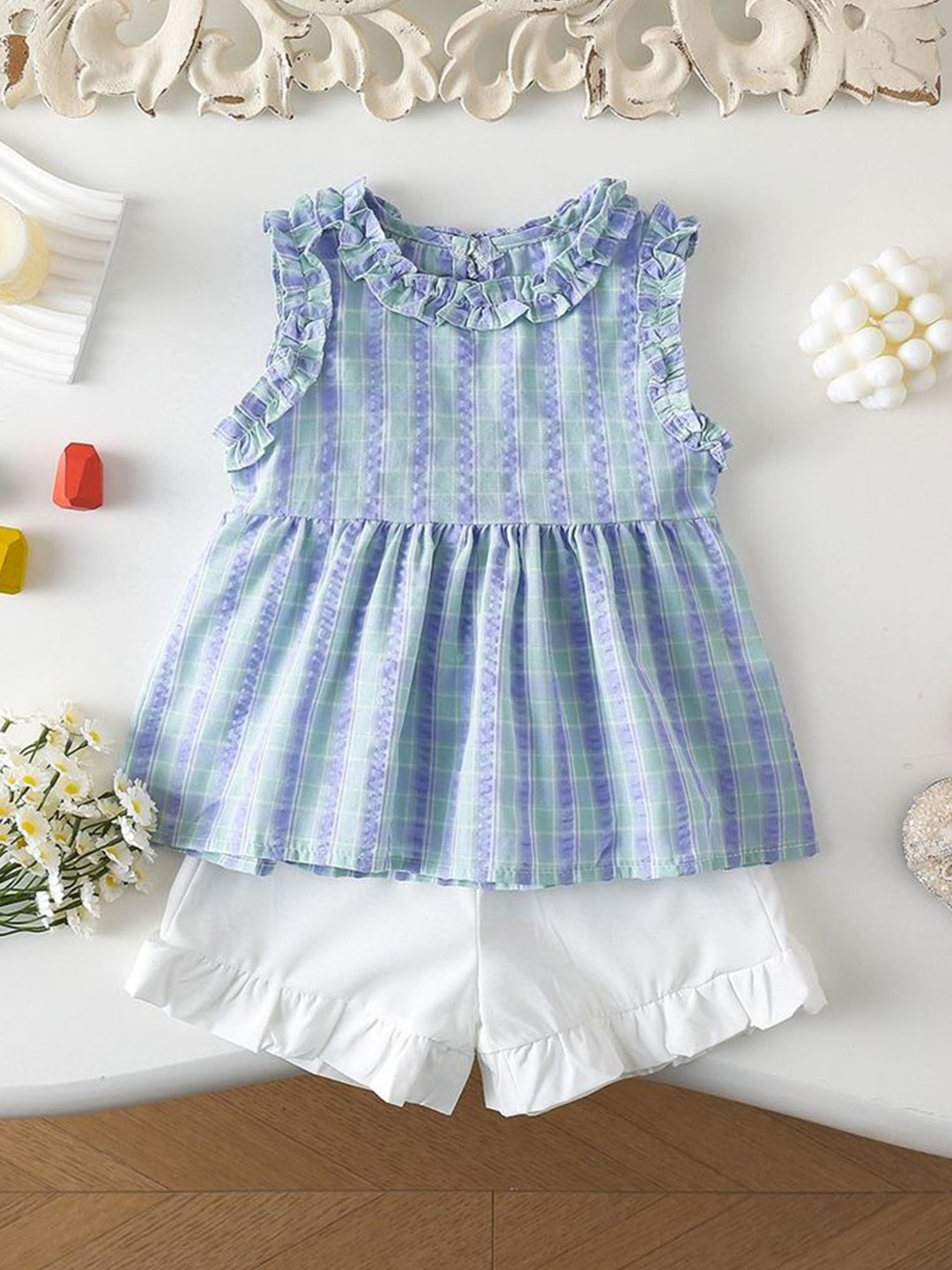 

LULU & SKY Girls Checked Top with Shorts, Blue