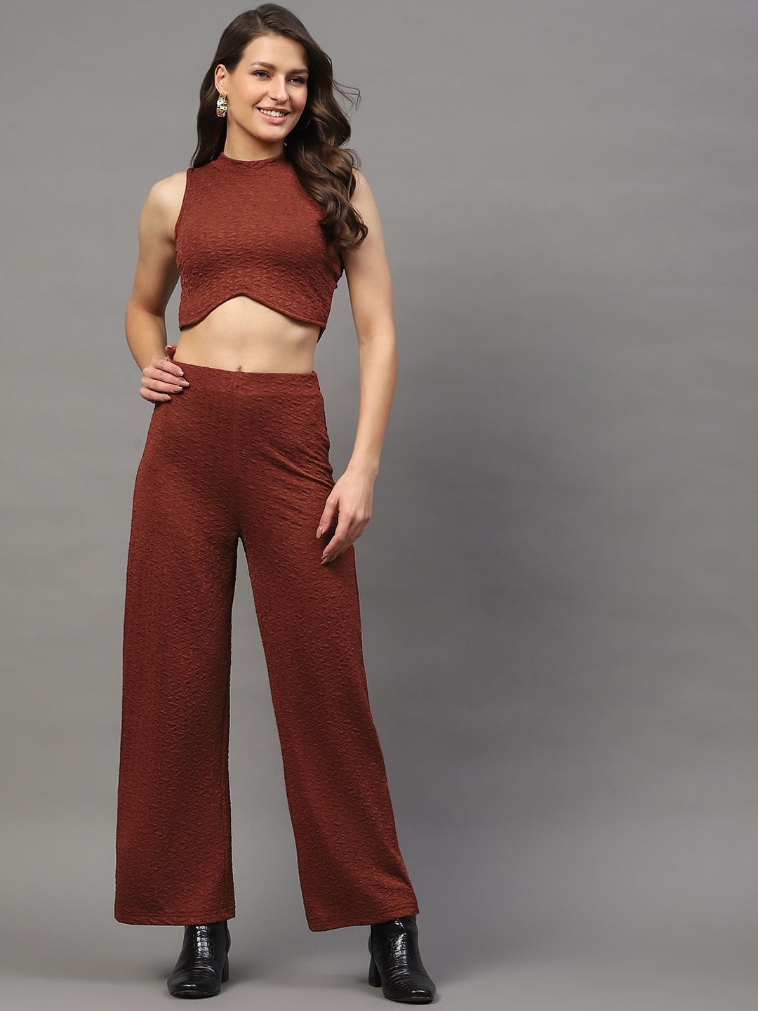 

StyleCast X SERA Self Design Round Neck Sleeveless Top With Trouser, Rust